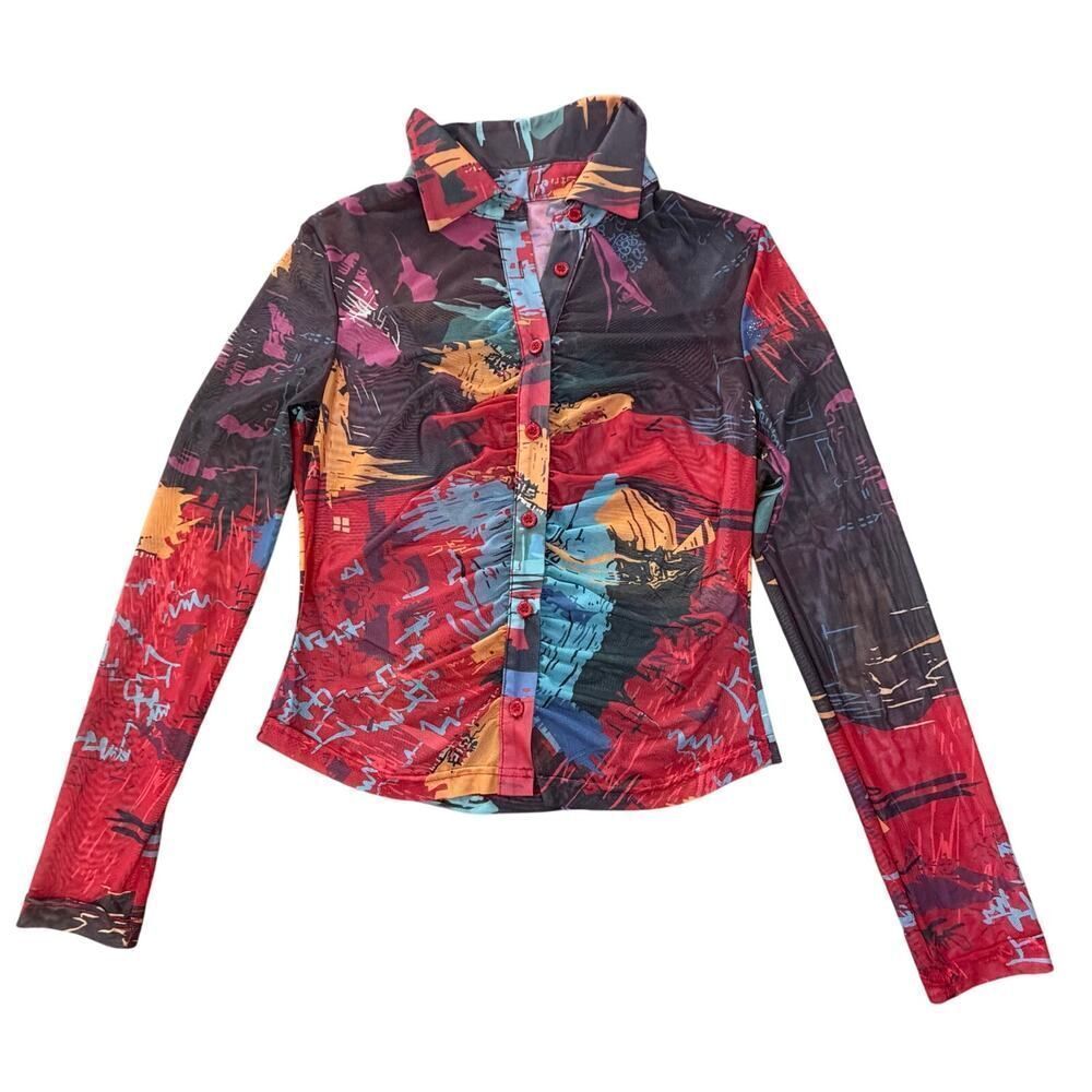 Abstract Y2K Art to Wear Colorful Vibrant Artsy Ruched Button Up Blouse Women XS - Picture 2 of 11